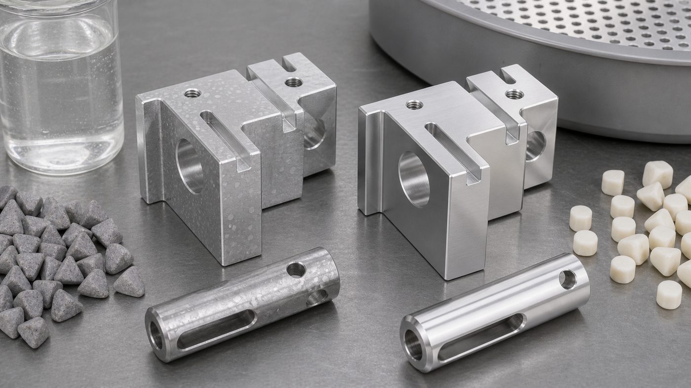 Close-up comparison of metal parts with water spots and clean dried parts after vibratory finishing