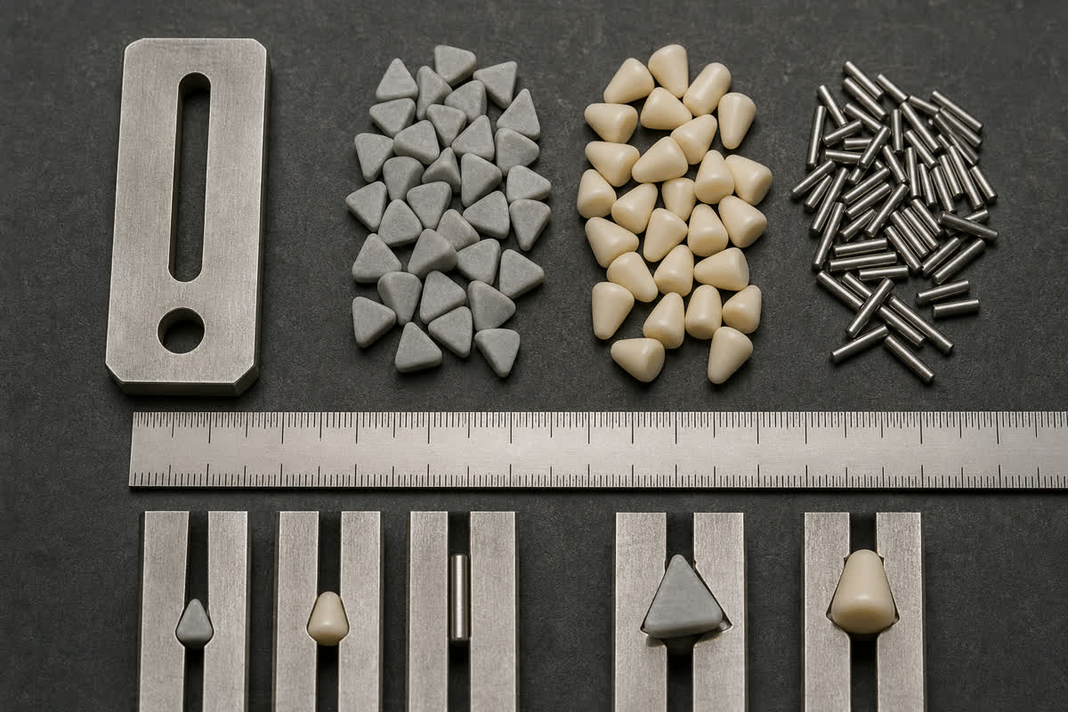 AI-generated conceptual fit check for triangular, conical and pin media beside a slotted part.