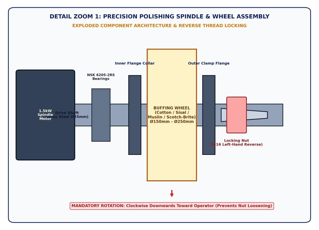 Figure 2 - Precision polishing spindle, bearing housing, flange clamping and reverse-thread locking nut exploded view
