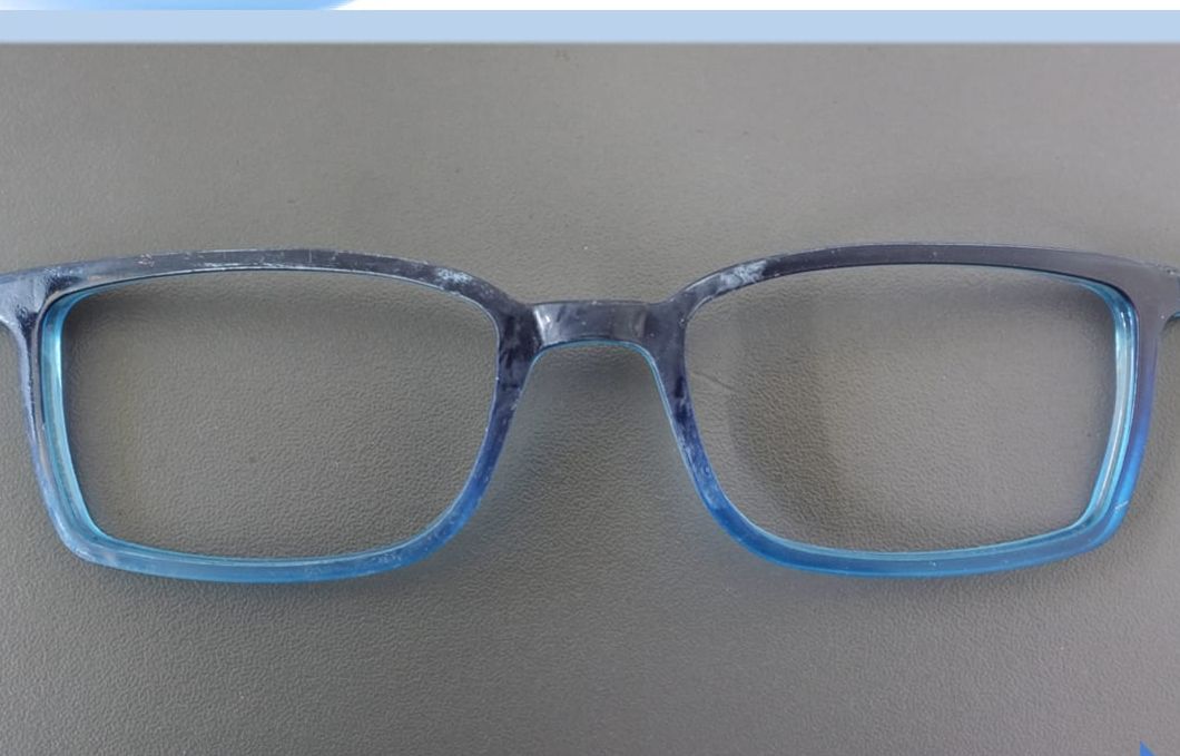 Blue acetate eyeglass frame before tumbling with frosted matte surface
